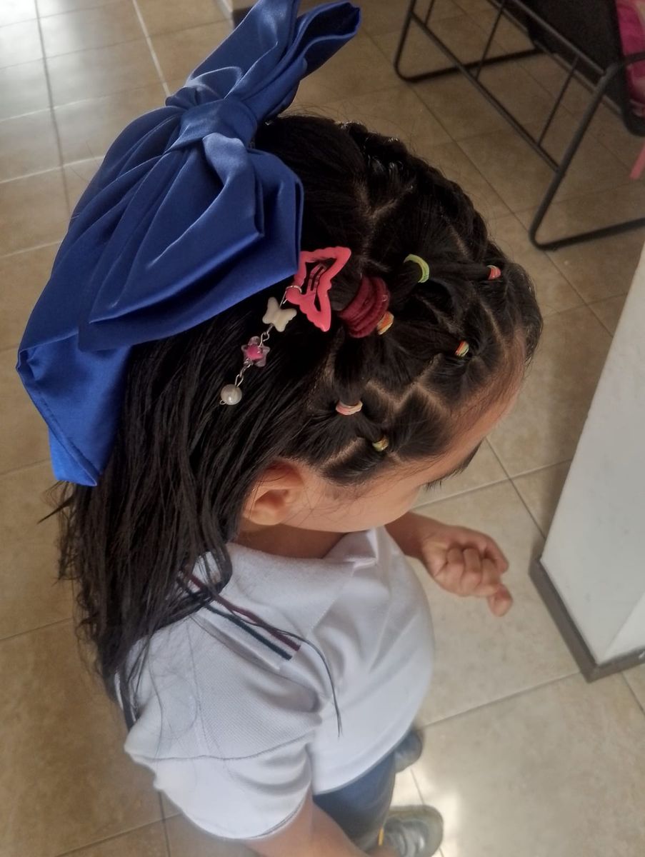 Trenzas con lazo azul y apliques de mariposas